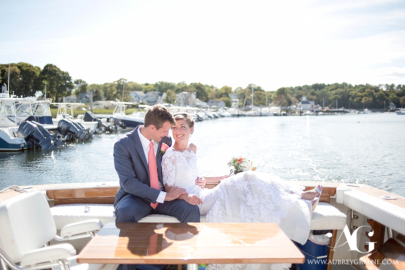 cohasset harbor inn wedding, south shore wedding, bride and groom on boat, cohasset wedding